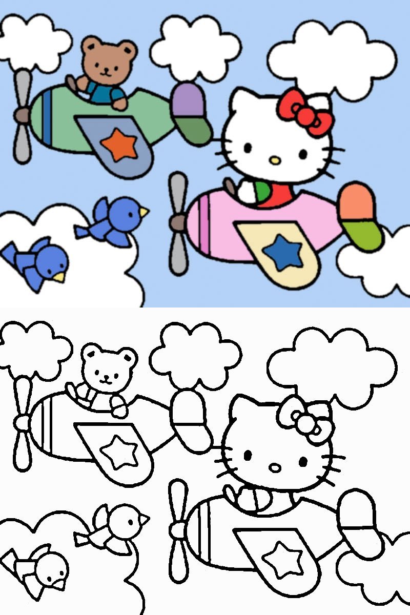 Dibujo para colorear de Hello Kitty y su osito en avión