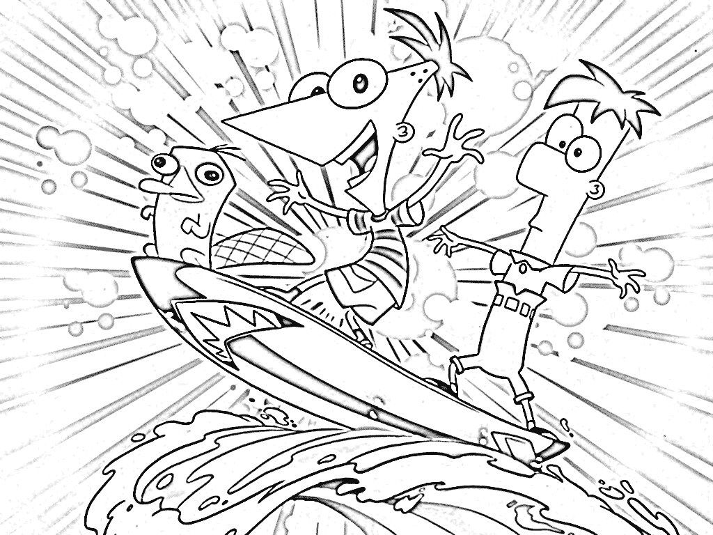 Phineas y Ferb surfeando con Perny