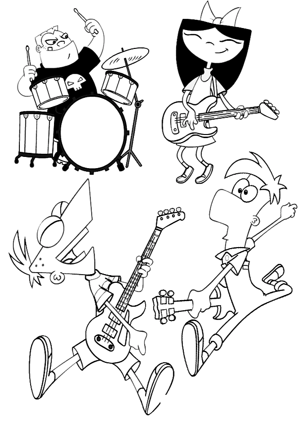 Phineas y Ferb y sus amigos Buford e Isabella tocando musica
